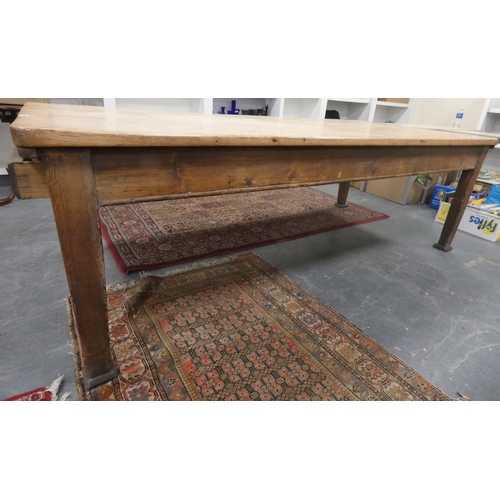 494 - Late Victorian large pine country table with drawers on each end, raised on stepped square supports.... 
