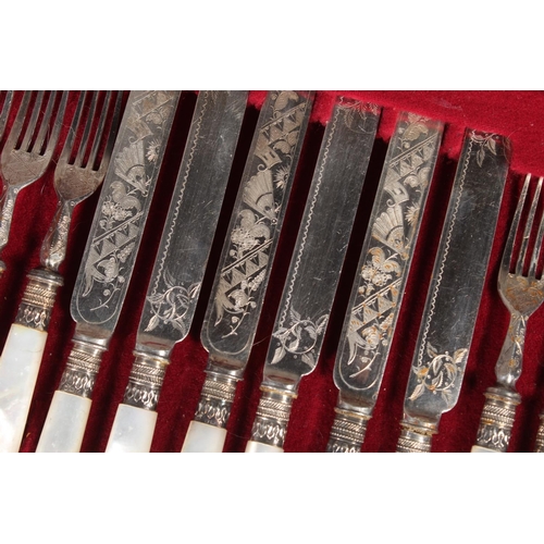 18 - Cased set of&nbsp; fish knives and forks with mother of pearl handles.
