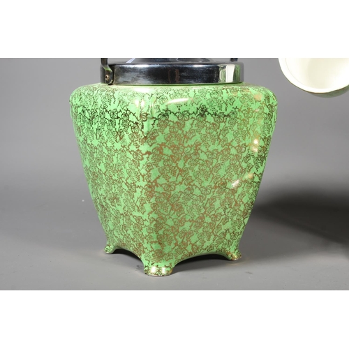 22 - Brama Mid Winter green and gold pattern six piece and biscuit barrel set.