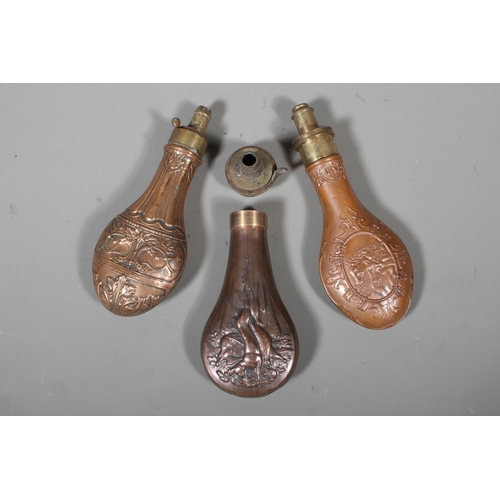 27 - Antique copper and brass powder flasks (3)