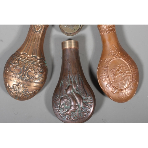 27 - Antique copper and brass powder flasks (3)