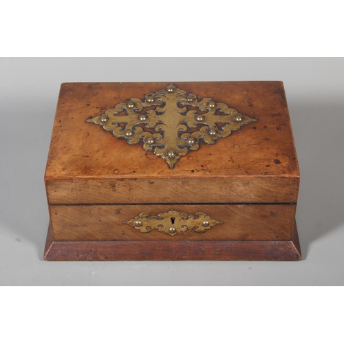 3 - Vintage brass mounted jewellery box with blue inlay to the inside, 10cm x 22cm.