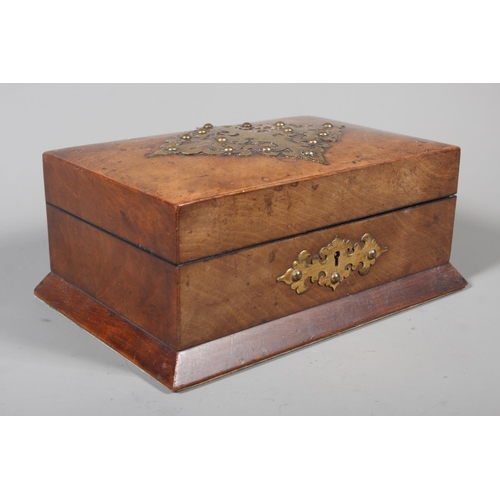3 - Vintage brass mounted jewellery box with blue inlay to the inside, 10cm x 22cm.