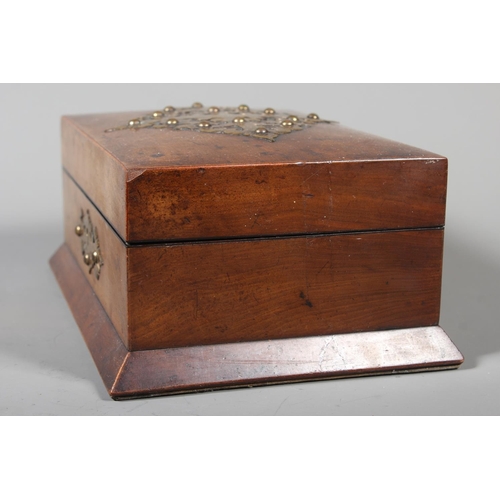 3 - Vintage brass mounted jewellery box with blue inlay to the inside, 10cm x 22cm.