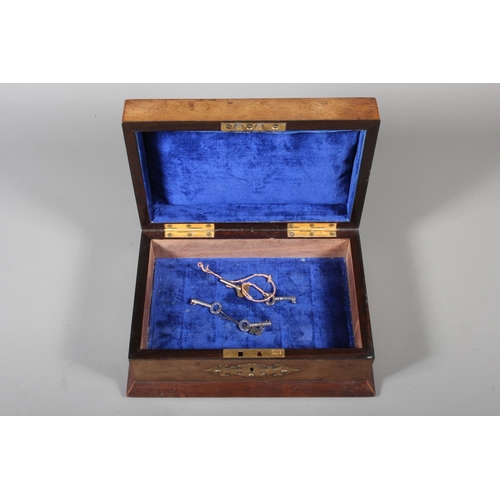 3 - Vintage brass mounted jewellery box with blue inlay to the inside, 10cm x 22cm.