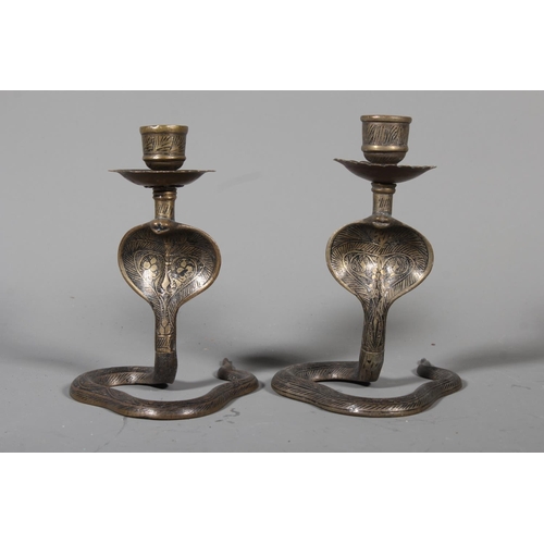 34 - Pair of brass cobra candlestick holders.