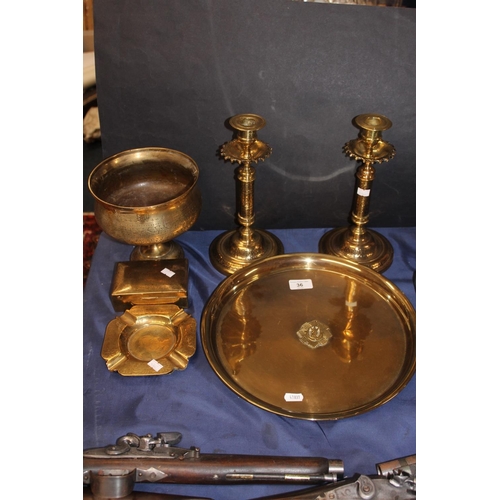36 - Brassware to include pair of candlesticks, charge plate with miliary motif, trinket box, etc.