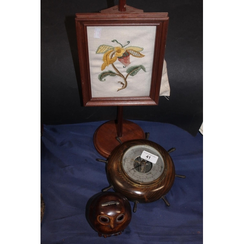 41 - Treen owl money bank, ships wheele barometer, etc.