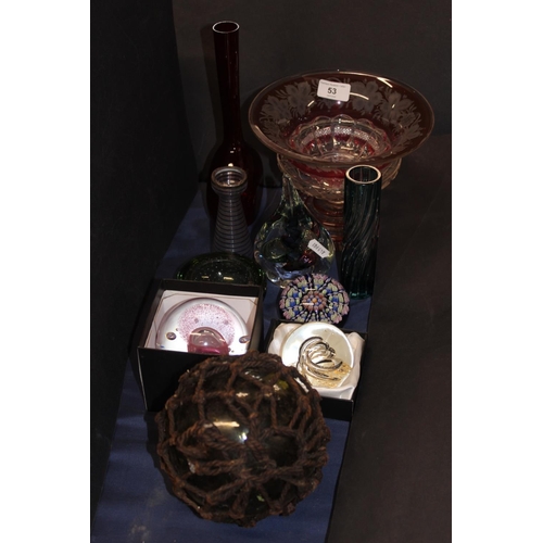 53 - Glassware to include paperweights, cranberry glass centre piece, etc.