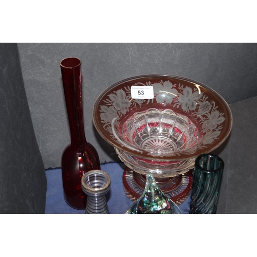 53 - Glassware to include paperweights, cranberry glass centre piece, etc.