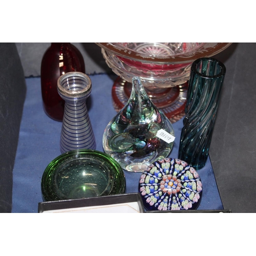 53 - Glassware to include paperweights, cranberry glass centre piece, etc.
