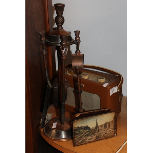 58 - Fire companion set with thistle finial, Roberts revolving radio, etc.