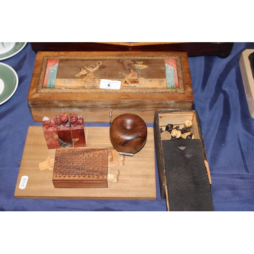 6 - Group of treen items to include Italian marquetry box, chess pieces, etc