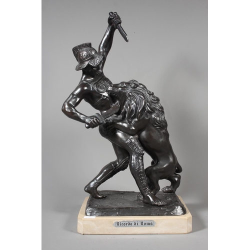 8 - Spelter figure sculpture of a gladiator fighting a lion with marble base with 'Ricardo Di Roma' to t... 