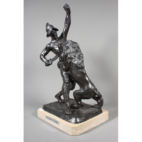8 - Spelter figure sculpture of a gladiator fighting a lion with marble base with 'Ricardo Di Roma' to t... 