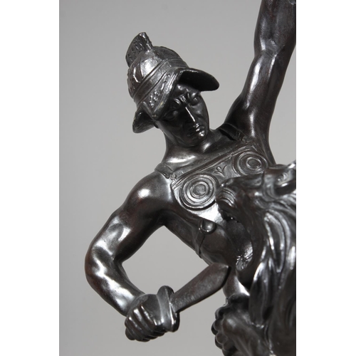 8 - Spelter figure sculpture of a gladiator fighting a lion with marble base with 'Ricardo Di Roma' to t... 