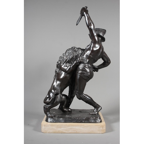 8 - Spelter figure sculpture of a gladiator fighting a lion with marble base with 'Ricardo Di Roma' to t... 