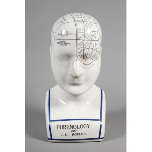 11 - L.N Fowler ceramic Phrenology head with detailed map of the human brain with crackle glaze surface.
