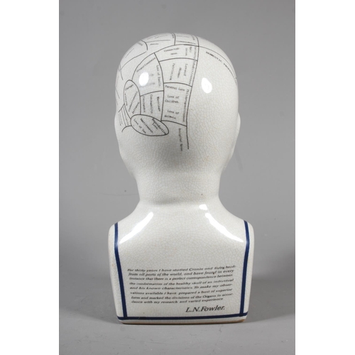 11 - L.N Fowler ceramic Phrenology head with detailed map of the human brain with crackle glaze surface.