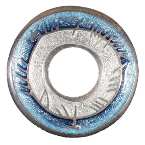 Sheila Fleet of Orkney, a contemporary Scottish silver and enamel brooch in the Skyran design, hallmarked for Edinburgh and with 'SD' (Sheila Dearness) mark, held in Ortak box.