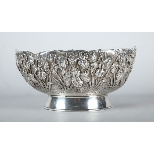 180 - Kuhn & Komor Japanese silver oval bowl with ornate decoration of irises..21cm dia. marked to bas... 