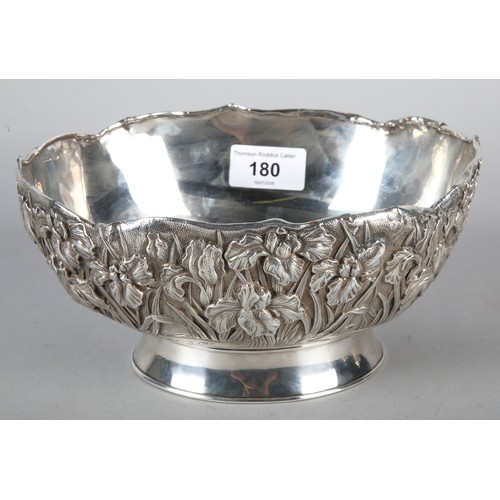 180 - Kuhn & Komor Japanese silver oval bowl with ornate decoration of irises..21cm dia. marked to bas... 