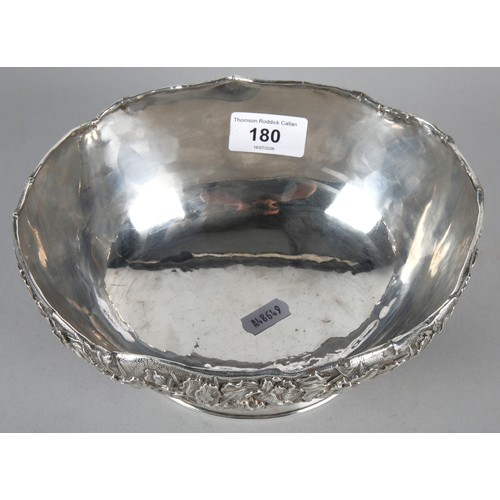 180 - Kuhn & Komor Japanese silver oval bowl with ornate decoration of irises..21cm dia. marked to bas... 