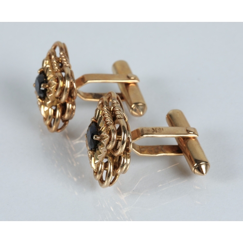 64 - Pair of gents 18ct gold cuff links set with sapphires, gross weight 11.2g