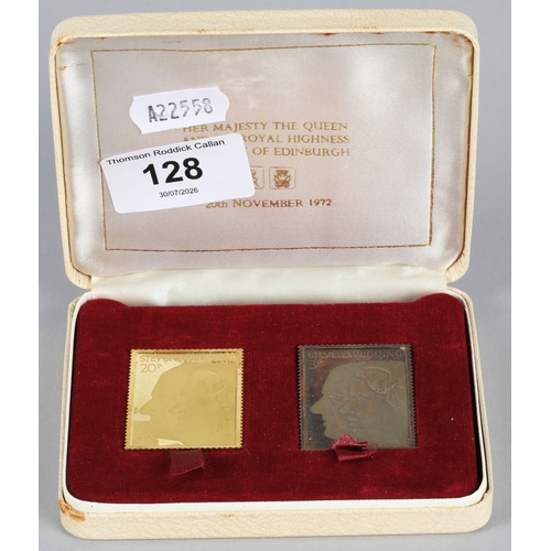 128 - The Royal silver wedding commemorative stamp replicas, 22ct gold replica stamp (26.5g) and silver re... 