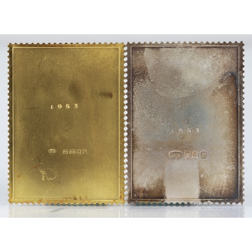 128 - The Royal silver wedding commemorative stamp replicas, 22ct gold replica stamp (26.5g) and silver re... 