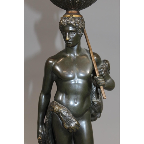 12 - French early 20th century bronzed metal table lamp in the form of a Roman figure holding pan pipes a... 