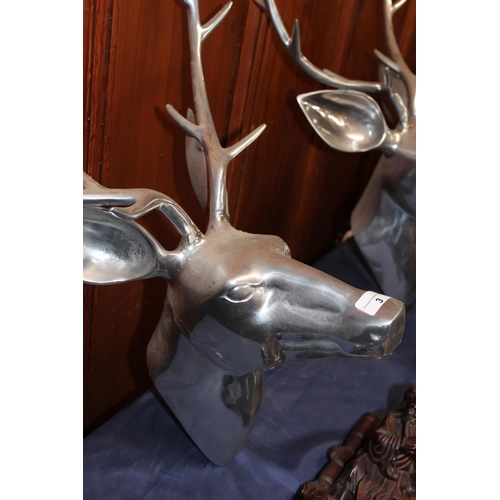 3 - Pair of chromed metal wall mask of 12 point Royal stags, 67cm tall.&nbsp;