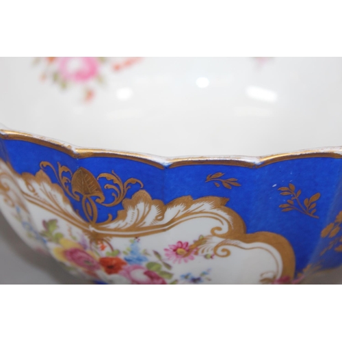 31 - Antique Serves style blue, white and gilt bowl with hand painted floral vignettes, 23cm diameter.&nb... 