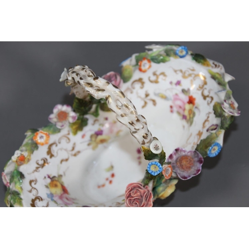 32 - Antique Meissen style floral encrusted porcelain basket, blue crossed swords mark to the base, 21cm ... 