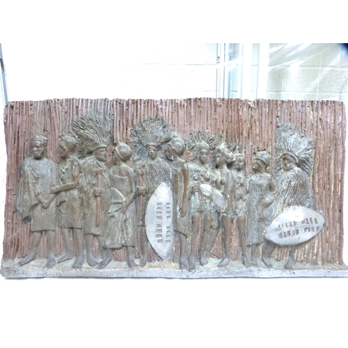 17 - Large modern resin relief panel wall hanging depicting Zulu warriers. 100cm x 51cm