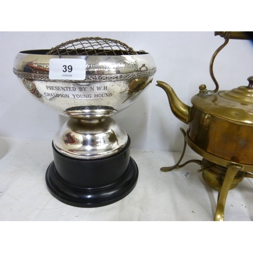 39 - Various metal ware including brass spirit kettle, candlesticks, sugar sifter, pewter tea set, Dick T... 
