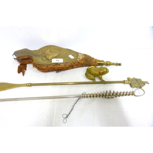 53 - Set of bellows, fire irons, shoe horn and a collection of modern cutlery etc.