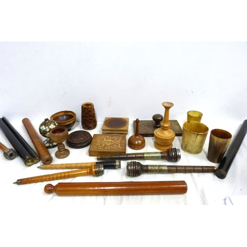 9 - Collection of treen stands, three horn beakers, blotter, cups etc.