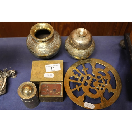 11 - Brassware including vases, trivets, matchbox holder, etc.&nbsp; (6)