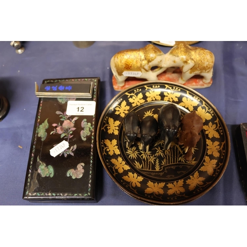 12 - Lacquered dishes, boxed soapstone elephants and other carved elephants.