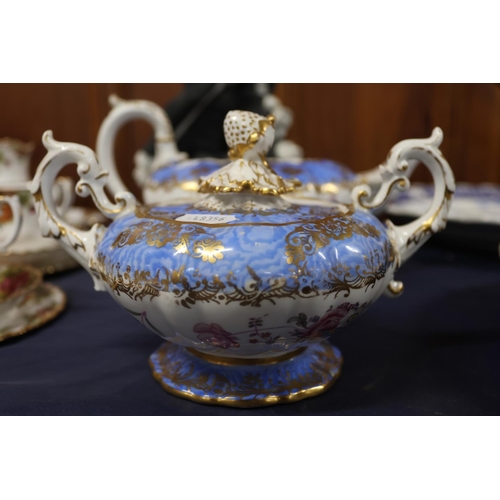 19 - Victorian tea wares comprising a teapot, a bowl, a jug, each with gilt decoration and turquoise band... 