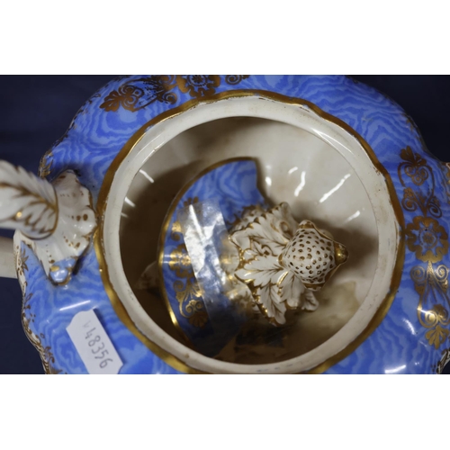 19 - Victorian tea wares comprising a teapot, a bowl, a jug, each with gilt decoration and turquoise band... 