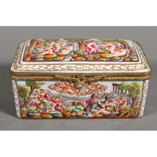 34 - Dresden style box depicting classical scenes including boar hunting and tragedy.