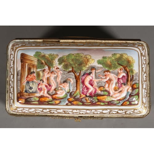 34 - Dresden style box depicting classical scenes including boar hunting and tragedy.