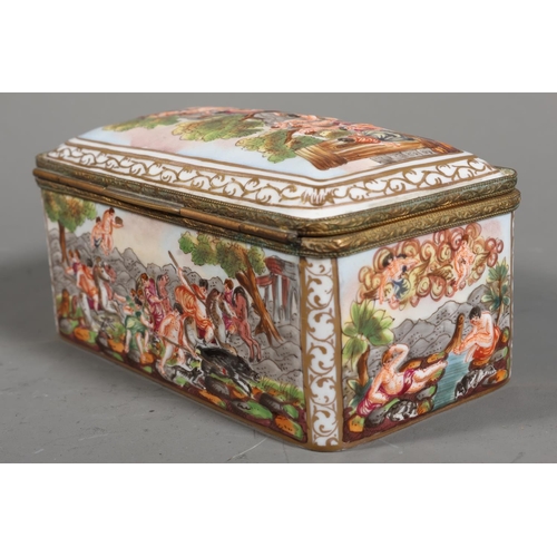 34 - Dresden style box depicting classical scenes including boar hunting and tragedy.