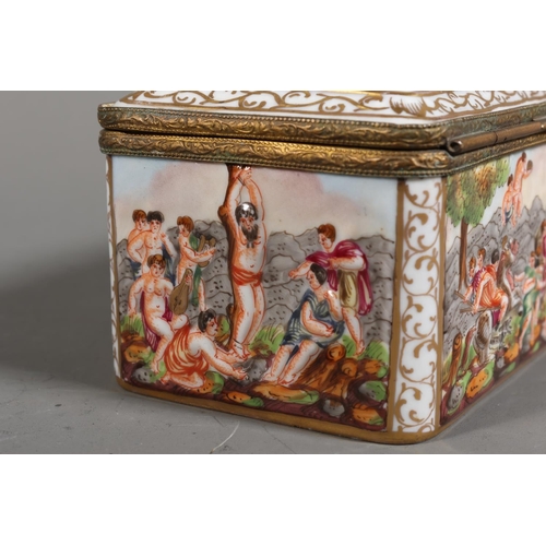 34 - Dresden style box depicting classical scenes including boar hunting and tragedy.