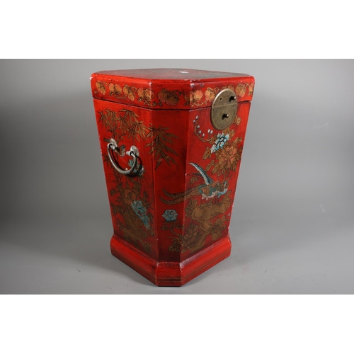 38 - Japanese style box with faux red lacquer, elaborate foliate and avian decoration, hinged lid, loop h... 