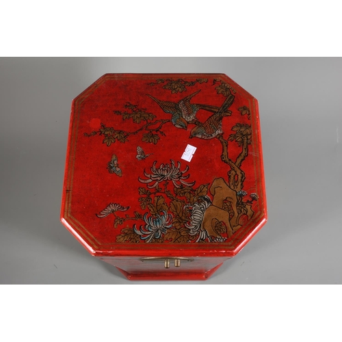 38 - Japanese style box with faux red lacquer, elaborate foliate and avian decoration, hinged lid, loop h... 