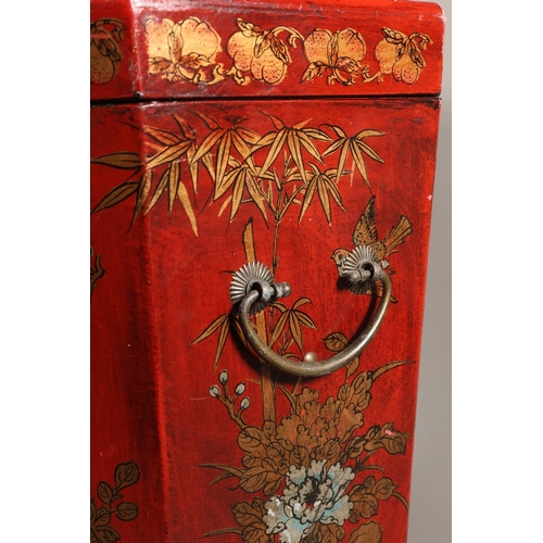 38 - Japanese style box with faux red lacquer, elaborate foliate and avian decoration, hinged lid, loop h... 