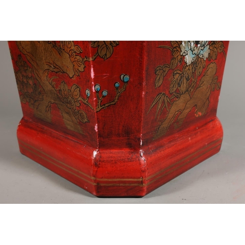 38 - Japanese style box with faux red lacquer, elaborate foliate and avian decoration, hinged lid, loop h... 